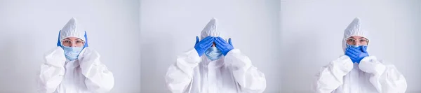 The concept of the three wise monkeys. Woman in protective suit, gloves and mask. I do not look at evil, I do not listen to evil, I do not speak with evil. Widescreen