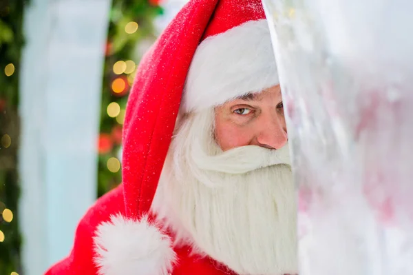 Santa Claus peeks από χριστουγεννιάτικα στολίδια σε εξωτερικούς χώρους — Φωτογραφία Αρχείου