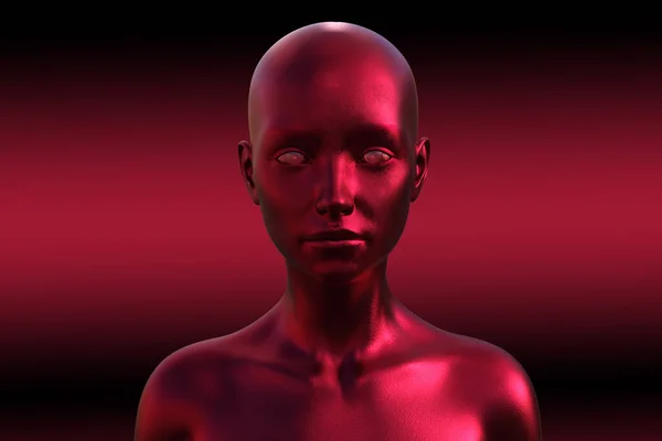 Illustrazione 3D di una donna calva. Immagine di una testa femminile rossa su sfondo scuro — Foto Stock