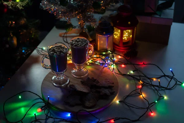 Composition for Christmas night. Cocoa and gingerbread for santa claus — Stock Photo, Image