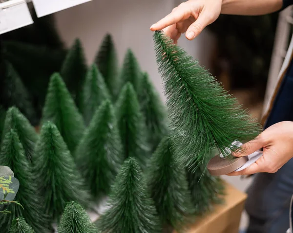 Uma mulher compra uma mesa pequena árvore de Natal artificial no shopping — Fotografia de Stock