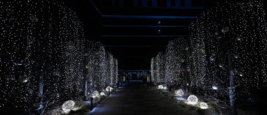 Modern konut kompleksi Noel ışıklarıyla süslenmiştir.