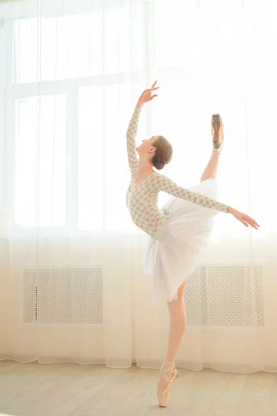 Hermosa bailarina en cuerpo y tutú blanco está entrenando en una clase de baile. Joven bailarina flexible posando en zapatos puntiagudos. —  Fotos de Stock