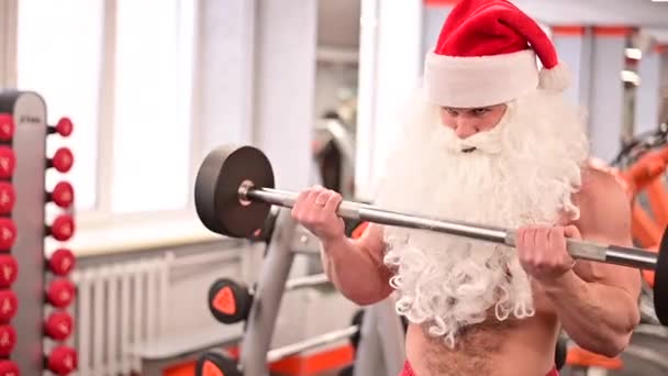 De kerstman in de sportschool. Gespierde man met een naakte romp die lange halter oefeningen doet. — Stockvideo