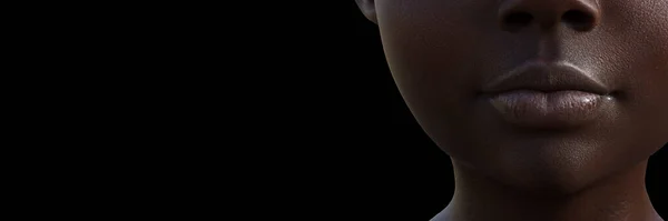 Oříznutý portrét 3D modelky plešaté ženy na černém pozadí. Širokoplošná — Stock fotografie