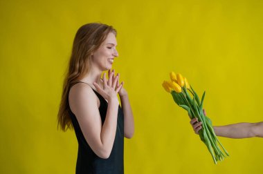 Beyaz kadın laleleri sarı arka planda bir hediye olarak kabul ediyor..