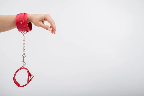 Red leather handcuffs in female hands on a white background. BDSM accessories — Stock Photo, Image