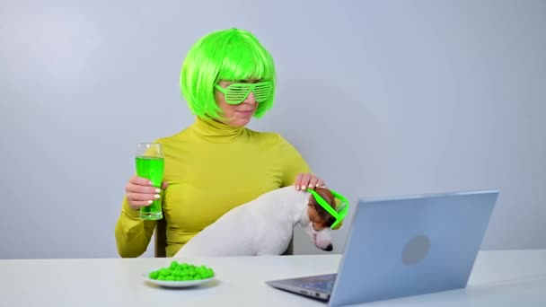 Een jonge vrouw met een groene pruik en vrolijke glazen drinkt bier en bijt geglazuurde noten. Een meisje zit met een hond aan een tafel en viert st patricks dag online chatten met vrienden op een laptop. — Stockvideo