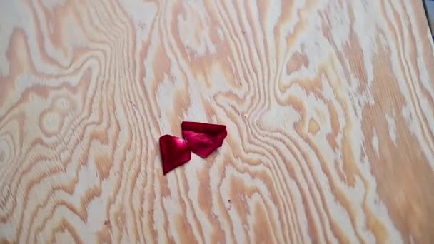 Röda rosenblad flockas till mitten i inskriptionskärleken — Stockvideo
