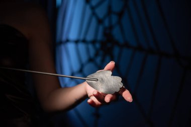 Tanınmayan bir kadın, karanlık bir yatak odasında zarif, ince bir deri kamçıyı gösteriyor. Kadın eli ve bdsm oyuncağı yakın plan. Acı ve zevk. Tokat için oyuncak..