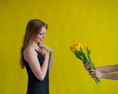 Beyaz kadın laleleri sarı arka planda bir hediye olarak kabul ediyor..