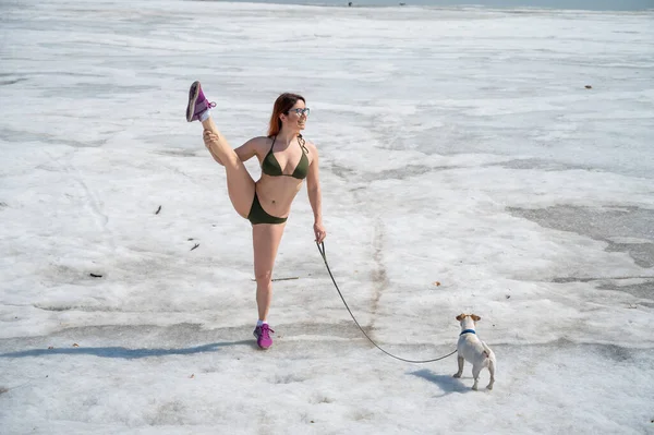 Bikinili bir kadın karda bir köpekle yürür. — Stok fotoğraf