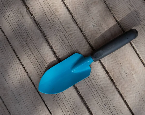 Ahşap zeminde küçük mavi bahçıvan spatulası — Stok fotoğraf