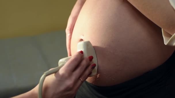 Een vrouwelijke gynaecoloog doet een echo onderzoek van de foetus bij een zwangere vrouw. Een close-up. Perinataal centrum. Transabdominaal onderzoek tijdens de zwangerschap in het tweede trimester. Screening. — Stockvideo