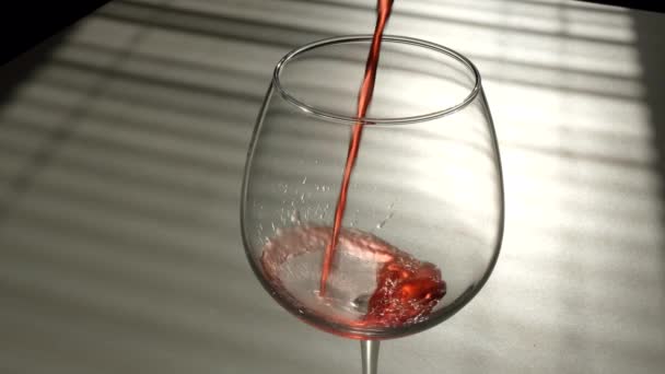 Le vin rouge est versé dans un verre sur un fond blanc. — Video