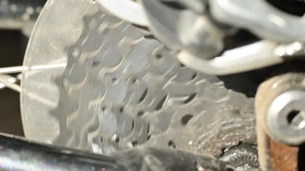 Um close-up das engrenagens de uma bicicleta multi-velocidade — Vídeo de Stock