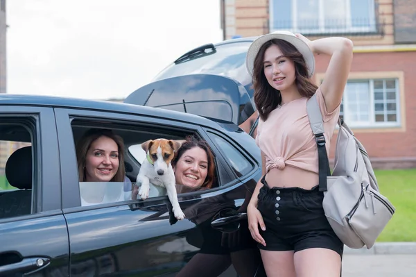 Drei Freundinnen sind mit einem Hund im Auto unterwegs. Zwei Frauen sitzen mit einem Jack Russell Terrier auf dem Rücksitz und schauen aus dem Fenster, und die dritte steht in der Nähe und lädt — Stockfoto