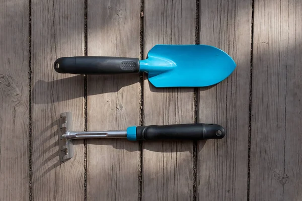 Petite pelle bleue et râteau sur le sol en bois. Outils jardiniers — Photo