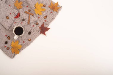 Sonbahar yatağı. Akçaağaç yaprakları, meşe palamudu ve gri bir battaniyede bir fincan sade kahve. Boşluğu kopyala