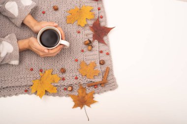 Sonbahar yatağı. Akçaağaç yaprakları, gri bir battaniyede meşe palamudu. Bir kadın elinde bir fincan sade kahve tutuyor.