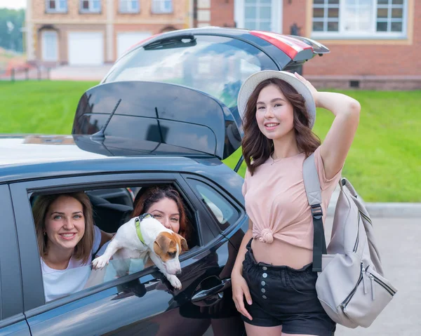 Drei Freundinnen sind mit einem Hund im Auto unterwegs. Zwei Frauen sitzen mit einem Jack Russell Terrier auf dem Rücksitz und schauen aus dem Fenster, und die dritte steht in der Nähe und lädt — Stockfoto