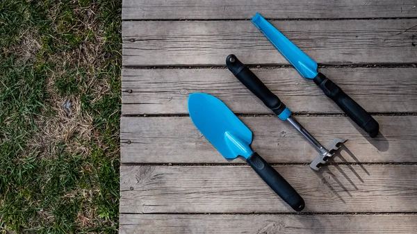 Petite spatule bleue, truelle de jardin et râteau sur le sol en bois. Outils jardiniers — Photo