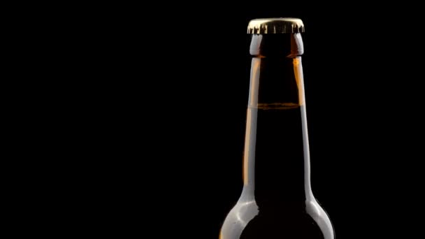Glass bottle of beer spinning in the dark on a black background — Stock Video