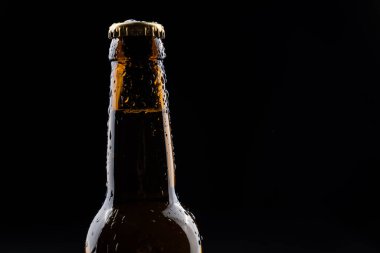 Siyah arka planda yoğunlaşması olan koyu cam bira şişesi..