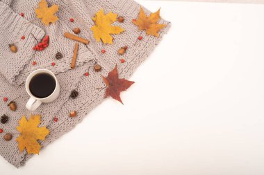 Sonbahar yatağı. Akçaağaç yaprakları, meşe palamudu ve gri bir battaniyede bir fincan sade kahve. Boşluğu kopyala