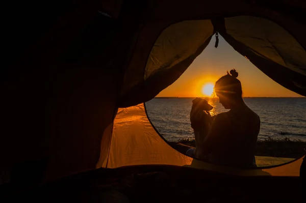 Une femme et un chien dans une tente touristique au lever du soleil. Camping avec un animal de compagnie — Photo