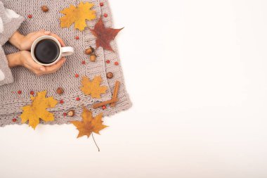 Sonbahar yatağı. Akçaağaç yaprakları, gri bir battaniyede meşe palamudu. Bir kadın elinde bir fincan sade kahve tutuyor.