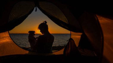 Gün doğumunda bir kadın ve bir köpek turist çadırında. Evcil bir hayvanla kamp yapmak.