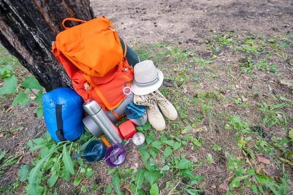 Equipo de senderismo en un bosque de pinos. Mochila, termo, saco de dormir, brújula, sombrero y zapatos — Foto de Stock