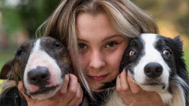  Bu yürek ısıtan görüntü, iki sevimli köpeği yüzüne yakın tutarak bir insanı neşeyle yakalar. İlk köpek bir brindle Bull Terrier. İkinci köpek büyüleyici bir Collie.