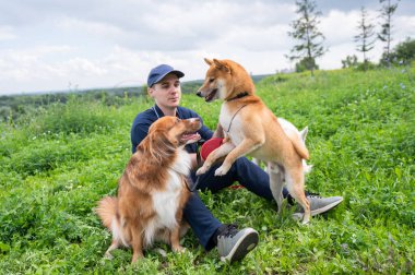 Beyaz bir adam üç köpekle yürür. Köpek gezdirici