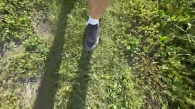 Bir adam ormanda bir patika boyunca yürür. Erkeklerin bacaklarına yakın çekim.