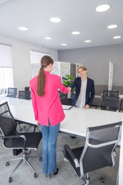 Beyaz erkek ve kadın ofiste selamlaşıp el sıkışıyor.