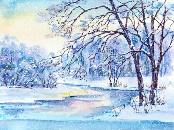 Aquarelverf Schilderen Winter Landelijk Landschap Met Bevroren Rivier — Stockfoto