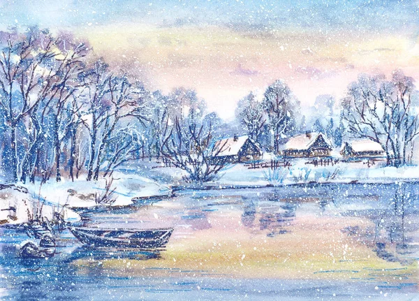 Aquarell Winterlandschaft Mit Boot Auf Zugefrorenem See — Stockfoto