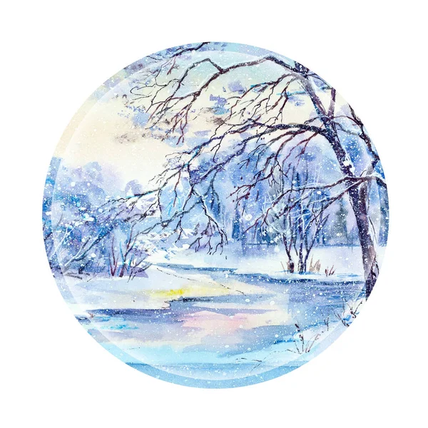 Paysage Rural Hivernal Avec Rivière Gelée Aquarelle Dans Style Décoratif — Photo