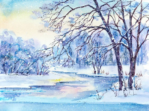 Aquarellmalerei Winter Ländliche Landschaft Mit Gefrorenem Fluss Stockbild