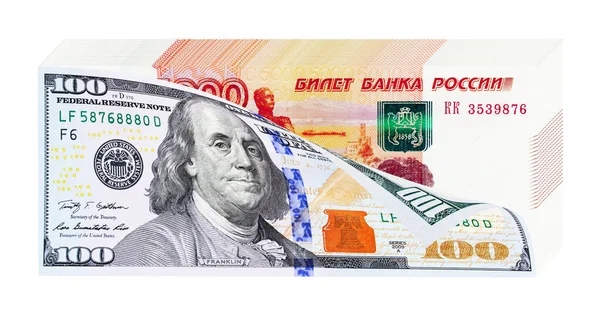 Száz Dollár Egy Halom Orosz Ötezer Bankjegy Orosz Pénz Leértékelési — Stock Fotó