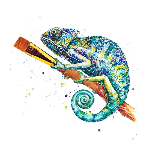 Caméléon Avec Pinceau Isolé Sur Blanc Aquarelle Peinture Photos De Stock Libres De Droits