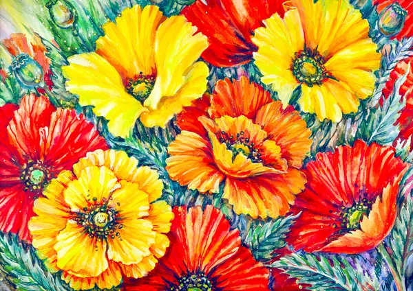 Bunch of red and yellow poppies. Watercolor painting