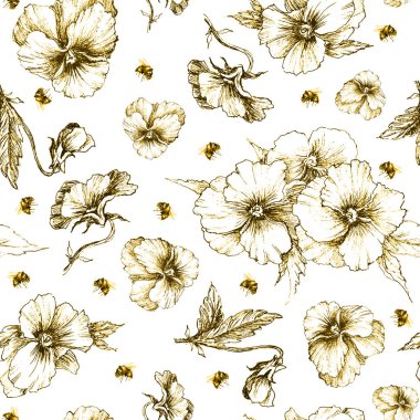 Çiçekleri ve arıları olan kusursuz çiçek desenleri.