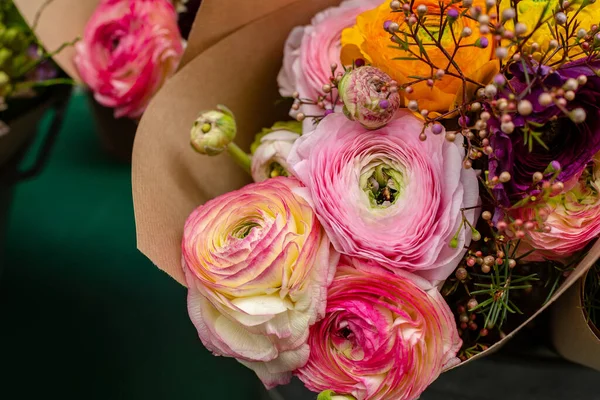 Beautiful Tender Blossoming Fresh Cut Bouquet Ranunculus Floral Composition Romantic — Stock Photo, Image