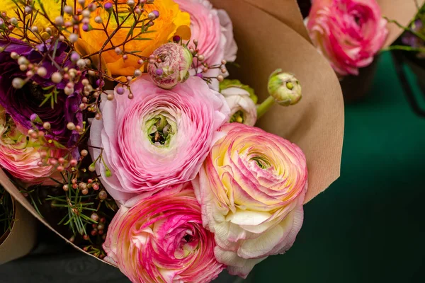 Beautiful Tender Blossoming Fresh Cut Bouquet Ranunculus Floral Composition Romantic — Stock Photo, Image