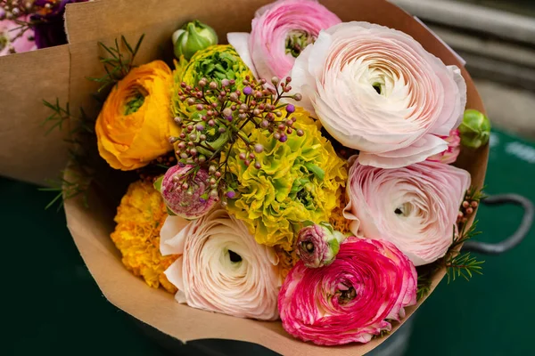 Beautiful Tender Blossoming Fresh Cut Bouquet Ranunculus Floral Composition Romantic — Stock Photo, Image