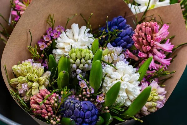 Beautiful Tender Blossoming Fresh Cut Bouquet Hyacinths Floral Composition Romantic — Stock Photo, Image