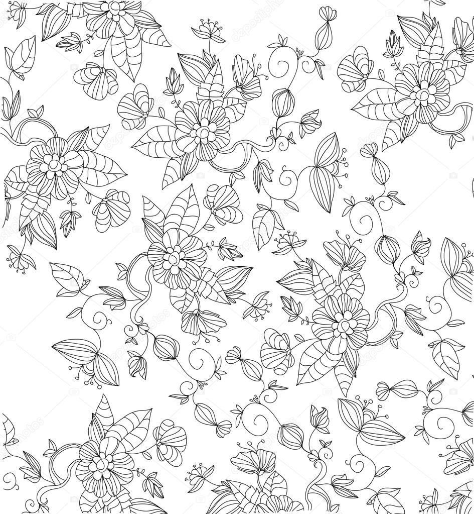 Decorative background black and white interwoven with flowers